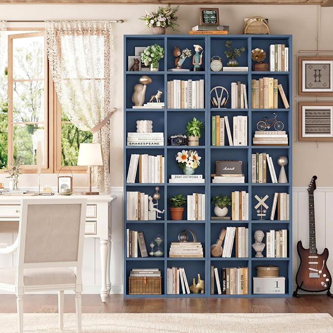 FOTOSOK 71'' Tall Bookshelf with 14 Cubes, 7 Tier Double Wide Bookshelf with 6 Adjustable Shelves, 19.6" Narrow Bookcase DVD/CD Media Storage Shelf, Space Saving Display Shelf Cabinet, Blue