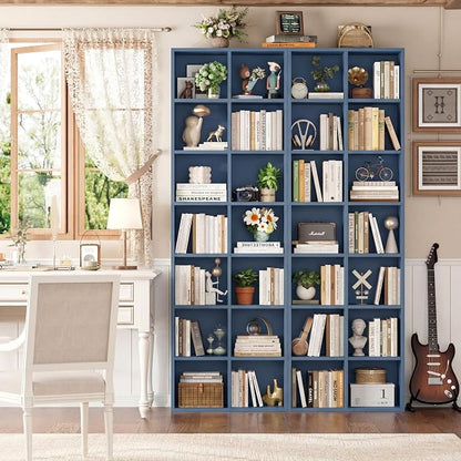 FOTOSOK 71'' Tall Bookshelf with 14 Cubes, 7 Tier Double Wide Bookshelf with 6 Adjustable Shelves, 19.6" Narrow Bookcase DVD/CD Media Storage Shelf, Space Saving Display Shelf Cabinet, Blue