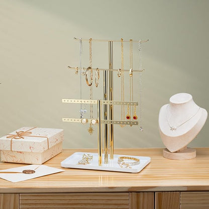 pickpiff Jewelry Stand Holder Organizer: 12.5" Sturdy Hanger for 80 Pcs Jewelry, Jewlery Tower for Display Necklace, Earring, Bracelet, Watch, Mirrored Gold