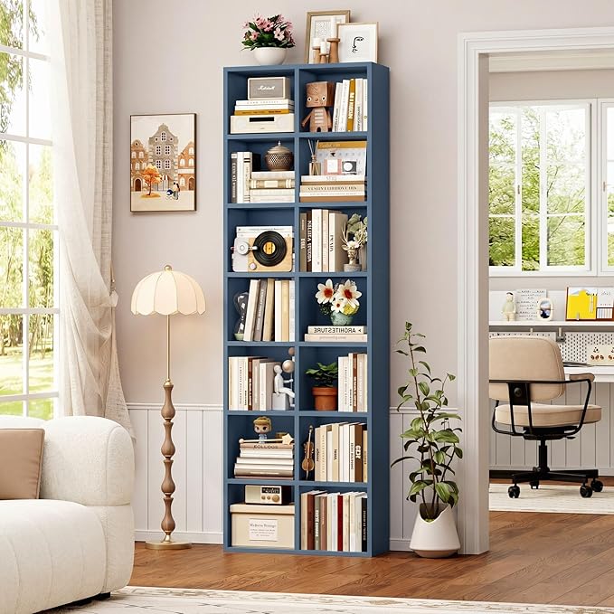 FOTOSOK 71'' Tall Bookshelf Set of 2, 7 Tier Large Bookshelf with Adjustable Shelves, Wide Bookcases and Bookshelf, DVD/CD Media Tower Storage, Cube Book Shelf Display Storage Cabinet, Blue