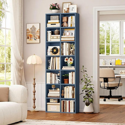FOTOSOK 71'' Tall Bookshelf Set of 2, 7 Tier Large Bookshelf with Adjustable Shelves, Wide Bookcases and Bookshelf, DVD/CD Media Tower Storage, Cube Book Shelf Display Storage Cabinet, Blue