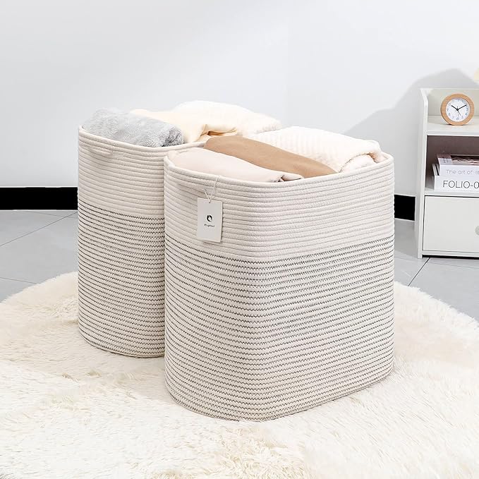 Laughbird Storage Baskets for Clothes Fabric Cotton Rope Storage Basket with Handles, Decorative Woven Basket for Living Room,Closet Organizer Blankets, and 2bags (White/Black Line, L17.8×W12.5×H17.9)