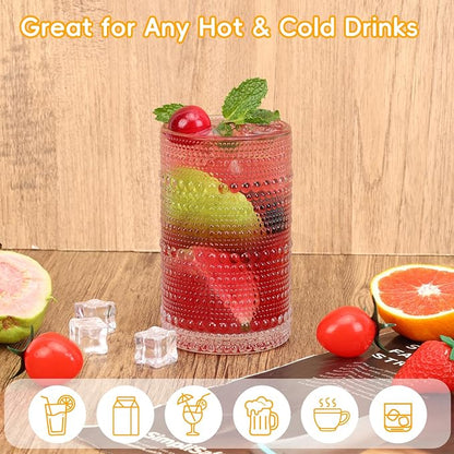 Moretoes Hobnail Drinking Glasses Set of 16, 12 Oz Highball Glasses & 10 Oz Cocktail Glasses, Clear Embossed Boho Glass Cups Kitchen Bar Tumbler Glassware Set for Whiskey, Beer, Juice, Milk (Clear)
