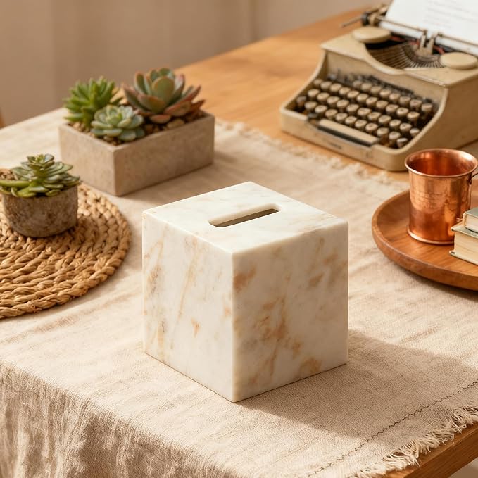 Marble Tissue Box Cover for Bathroom, White with Gold Texture Marble Facial Tissue Holder, Rectangular Toilet Paper Holder Case, Elegant Home Decorative for Vanity, Bedroom, Living Room, Office