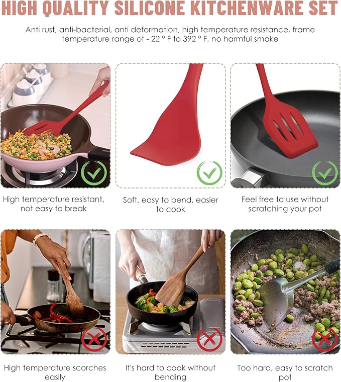 Pranski Kitchen Utensils Set-12 Pieces Silicone Cooking Utensils Set (Dishwasher Safe) 392°F Heat Resistant Spatula Set, Nonstick Cookware