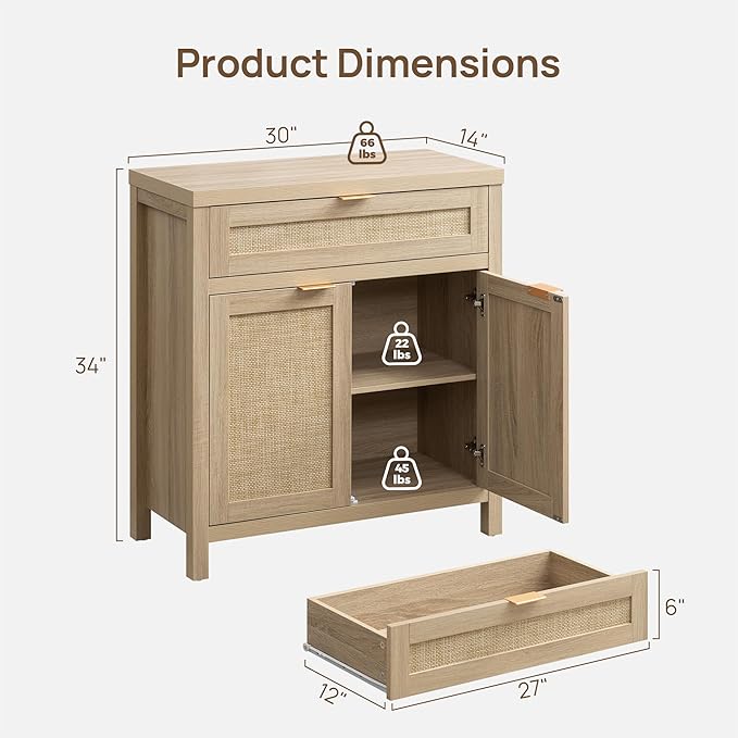 SICOTAS Sideboard Buffet Storage Cabinet Set of 2, Rattan Credenza Buffet Table, Boho Console Accent Cabinet with Doors and Drawer, Coffee Bar Cabinets for Kitchen Entryway Living Room, Natural