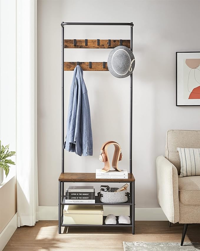 VASAGLE Hall Tree with Bench and Shoe Storage, Entryway Bench with Coat Rack Stand and Shoe Rack, 9 Movable Hooks, Top Bar, Fabric Shelves, Industrial, Rustic Brown and Black UHSR411B01