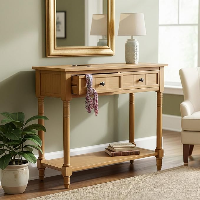 Knocbel Antique Entry Console Table with 2 Drawers & Bottom Open Shelf, Wood Sofa Tables for Entryway Hallway Living Room, 35.34" W x 13.8" D x 30.25" H, Natural