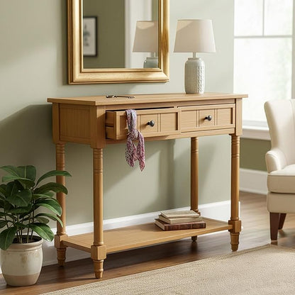 Knocbel Antique Entry Console Table with 2 Drawers & Bottom Open Shelf, Wood Sofa Tables for Entryway Hallway Living Room, 35.34" W x 13.8" D x 30.25" H, Natural