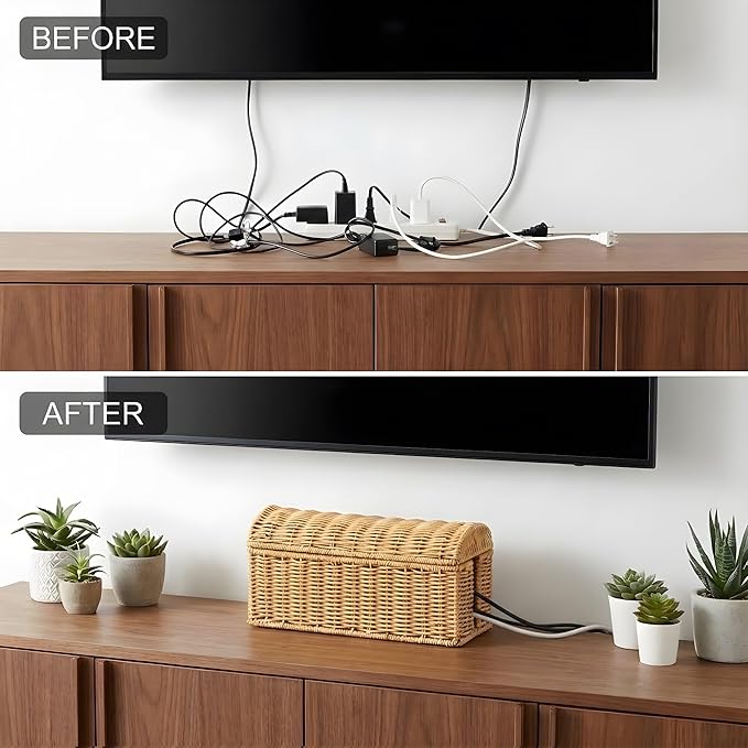 Cable Management Box, Handwoven Rattan Cable Organizer, Cord Organizer Box to Hide Cords & Power Strip, Boho Wire Hider Basket for Home Office, Dome Cover, Natural