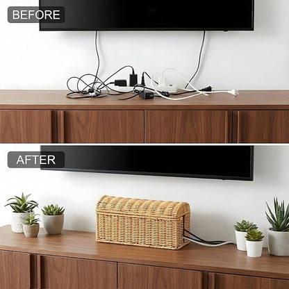 Cable Management Box, Handwoven Rattan Cable Organizer, Cord Organizer Box to Hide Cords & Power Strip, Boho Wire Hider Basket for Home Office, Dome Cover, Natural