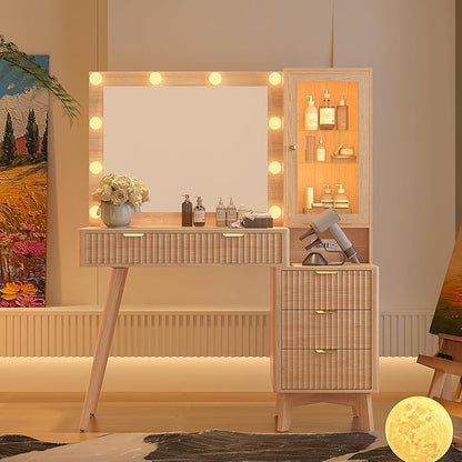 Makeup Vanity Desk with Mirror and Lights, 45" Fluted Wood Vanity Desk with Glass Top, 5 Drawers & RGB Glass Cabinet, Power Outlet, Mid Century Modern Dressing Table Set for Women Girls Bedroom