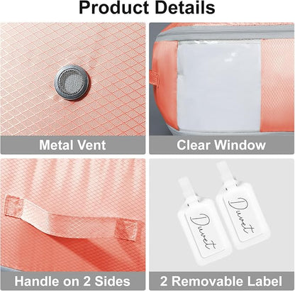 Comforter Storage Bag - Large Capacity Blanket Storage Bags 3-Layer Ultra Space Saving Self Compression Organizer, Washable Compression Bags for Storage Comforter Blanket, 2-Pack, Pink