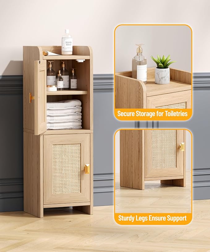 Akxomel Rattan Small Bathroom Cabinet with 2 Doors, 7.9''D x 9.8''W Narrow Toilet Paper Storage Cabinet, Bathroom Organizer for Small Spaces, Wooden Slim Corner Unit with Adjustable Shelf, Natural Oak