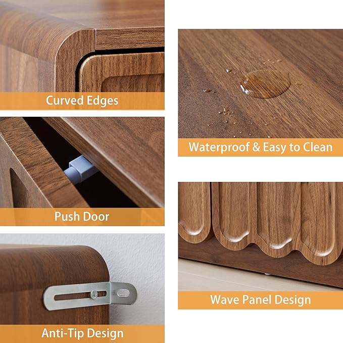 ORRD Sideboard Buffet Cabinet with Storage, Low Storage Cabinet Modern Wooden Accent Credenza Console Table TV Stand with 6 Wave Panel Doors for Kitchen Dining Living Room Entryway, Walnut
