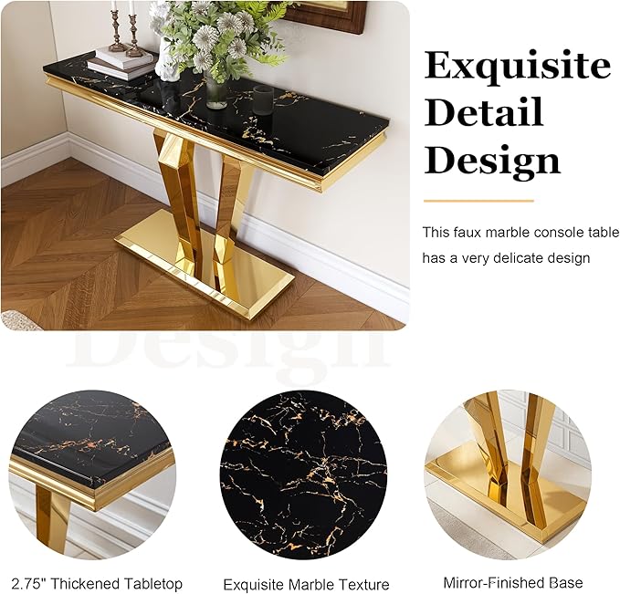 47 inch Gold Console Table, Modern Entryway Table with Diamond-Shaped Metal Base for Entrance, Hallway, Living Room (Black Faux Marble & Gold)