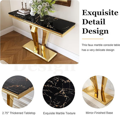 47 inch Gold Console Table, Modern Entryway Table with Diamond-Shaped Metal Base for Entrance, Hallway, Living Room (Black Faux Marble & Gold)