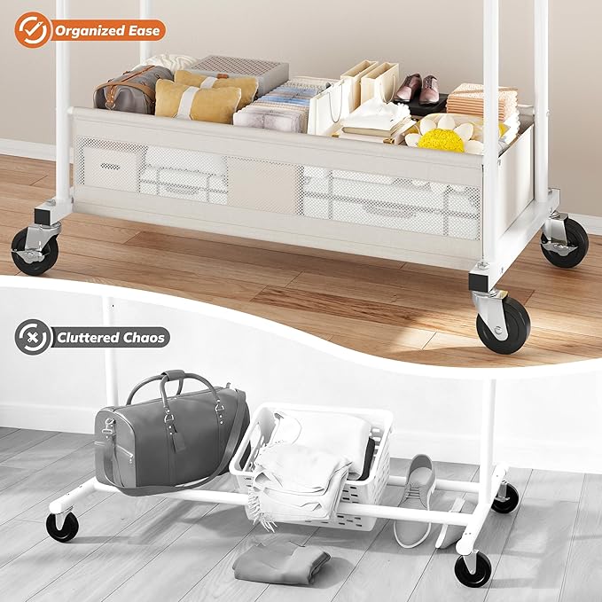 Clothes Rack, Clothing Racks for hanging clothes, Rolling clothes rack with Storage Basket & Heavy Duty Wheels, Double rods clothing rack for Bedroom, Laundry Room, White