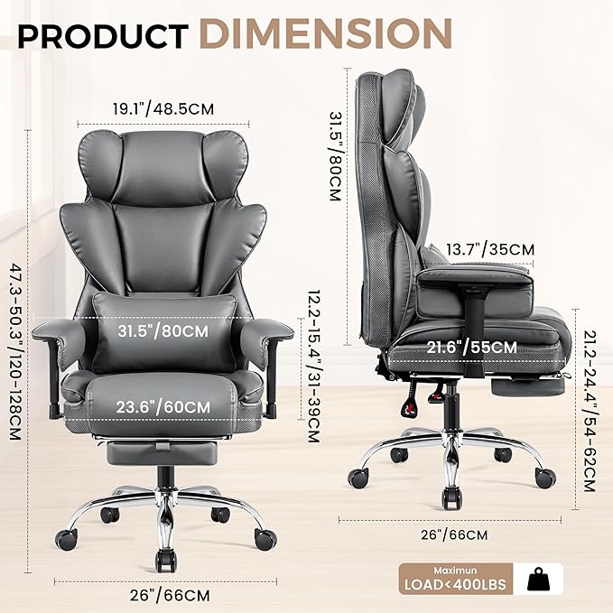 Big and Tall Office Chair - High Back Executive Chair with Footrest & Lumbar Support for Heavy People, Adjustable Arms, Padded Wide Seat Computer Gaming Chair, Gray 2 Pack