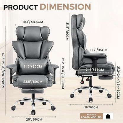Big and Tall Office Chair - High Back Executive Chair with Footrest & Lumbar Support for Heavy People, Adjustable Arms, Padded Wide Seat Computer Gaming Chair, Gray 2 Pack