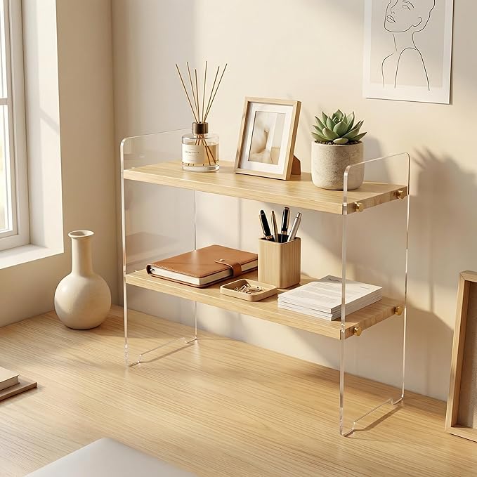 Coffee Station Organizer 2 Tier, Solid Wood Mug Shelf for Coffee Bar,Matcha Station,Tea Storage - Holds Mugs,Beans,Syrup,Cups,Tirrers (Transparent Acrylic, 15.4" L x 5.7" W x 13.4" H)