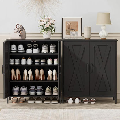 Homleke Farmhouse Shoe Cabinet with 2 Barn Doors & Wood Legs, 5-Tier Shoe Storage Cabinet with 3 Adjustable Shelves, Tall Shoe Rack Organizer for Closet, Shoe Organizer for Entryway, Hallway, Black
