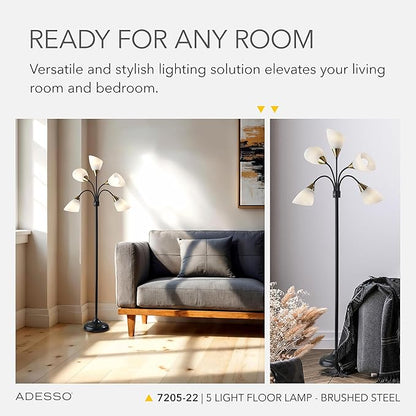 Adesso Floor Lamp with 5 Movable Shades & Adjustable Brightness – Perfect Lighting for Bedroom Decor, Beauty & Art Studio, Silver