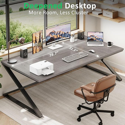 IBF Extra Large Desk, 78.7” Long Home Office Computer Desk, Simple Wide Work Desks for Writing Study in Bedroom, Industrial Wood Metal Game Desks Executive Workstation Conference Table, Light Grey Oak