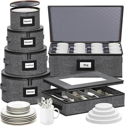 Aokeyee 6-Piece China Storage Containers Set, Hard Shell Moving Boxes for Dishes, Plates, Mugs & Flatware – Dinnerware Organizer with Soft Felt Dividers, Sturdy Handles & Zippers, Grey
