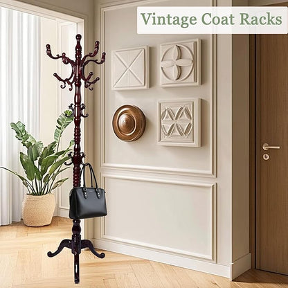 Coat Rack Freestanding,Solid Wooden Coat Rack Stand with 3 Height Options,14 Hooks, Natural Birch Coat Tree Easy to assemble for Clothes Jacket Hat bag Entryway (mahogany) (mahogany 2)