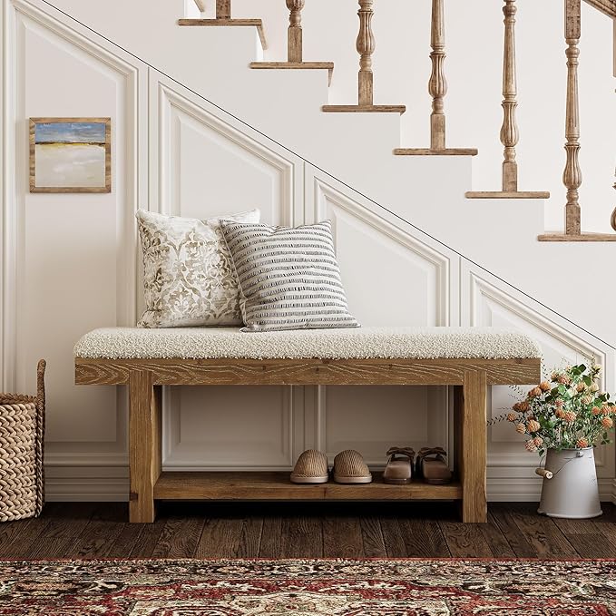47.2" Solid Wood Bench, 2-Tier Farmhouse Upholstered Entryway Bench with Storage Shelf, Narrow Rustic Bench for Bedroom, Entryway, Mudroomn
