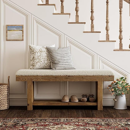 47.2" Solid Wood Bench, 2-Tier Farmhouse Upholstered Entryway Bench with Storage Shelf, Narrow Rustic Bench for Bedroom, Entryway, Mudroomn