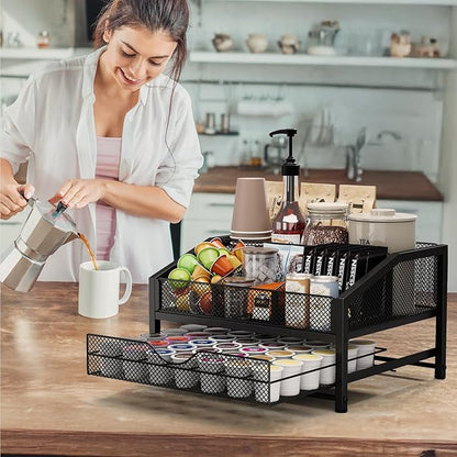 Homsorout Coffee Bar Organizer - Coffee Station for Countertop, Metal and Wood K Cup holder Storage Basket with Drawer for Syrup, Cups, Stirrer, Condiment, Tea Organizer, Black