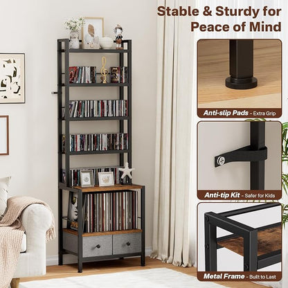 DVD Storage Vinyl Record Storage Rack, 6-Tier CD Rack Tower with Drawers for CDs, DVDs, Albums, Books & Games, Vinyl Record Holder & DVD Shelf Organizer for Living Room & Home Office, 20.8x11.8x63Inch