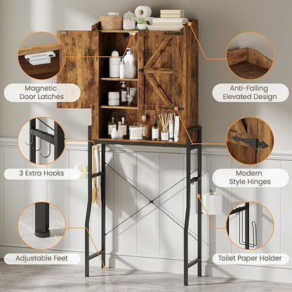 Over The Toilet Storage Cabinet, Over Toilet Organizer with 2-Door & Metal Stand, Bathroom Organizers and Storage with Adjustable Shelves for Bathroom, Restroom, Laundry, Rustic Brown