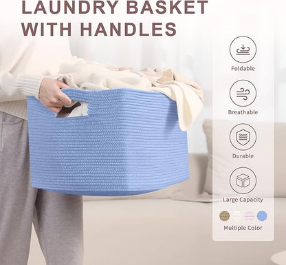 SunNewt 60L Small Baby Girls Laundry Basket for Nursery Storage,Cute Woven cotton Rope Baskets for Kids Toy，Gifts, Boho Square Wicker Blanket hamper for Living Room,Bedroom Dirty Clothes,Blue Purple