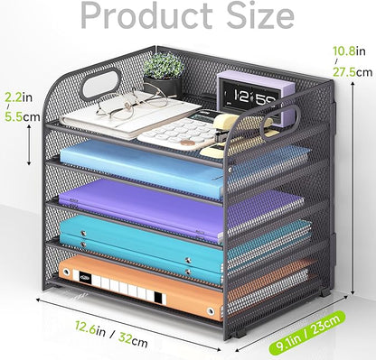 5 Tier Paper Organizer with Handle, Grey Metal Mesh Desk Organizer File Folder Paper Letter Tray Desktop Document Sorter for Classroom, School, Office Accessories Organization and Storage