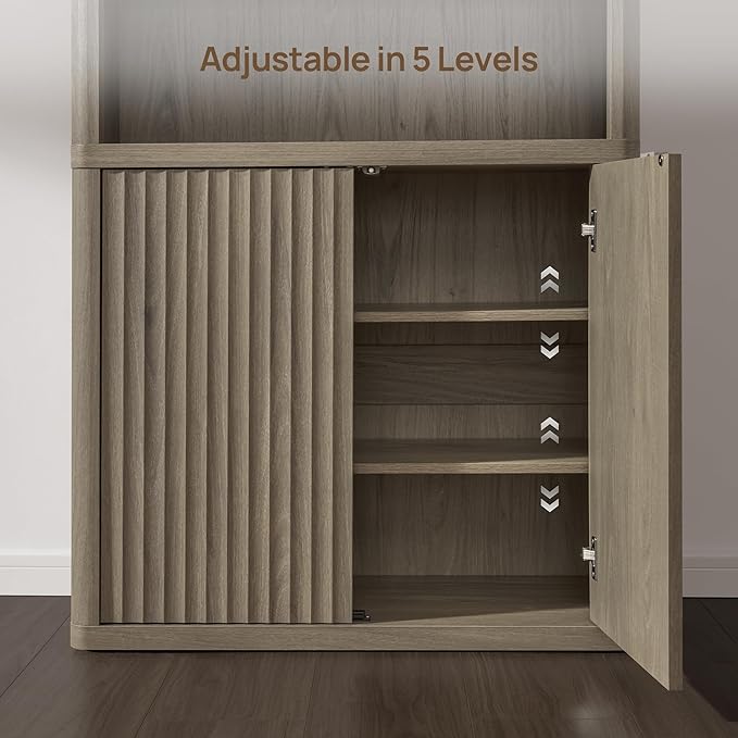 SICOTAS Book Shelf with Doors 71" Tall 6 Tier Bookshelf with Adjustable Shelves Fluted Booshelves & Bookcases Modern Book Case with Large Storage Display Cabinet for Living Room Home Office Bedroom