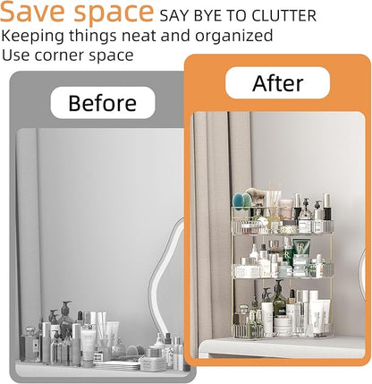 Makeup Organizer Countertop 3 Tier, Corner Bathroom Countertop Organizer with Toothbrush and Makeup Brush Holder, Corner Vanity Tray for Skincare Organization