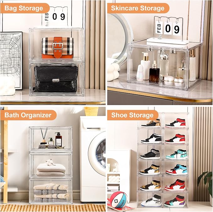 BVBOX 12 Pack Acrylic Shoe Storage Boxes with Magnetic Door - 360° Clear Stackable Shoe Display Box Set, Plastic Shoe Cabinet Rack Box for Sneakers Heels Shoes (12, Clear, XL - Side Open)