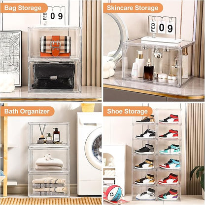 BVBOX 12 Pack Acrylic Shoe Storage Boxes with Magnetic Door - 360° Clear Stackable Shoe Display Box Set, Plastic Shoe Cabinet Rack Box for Sneakers Heels Shoes (12, Clear, XL - Side Open)