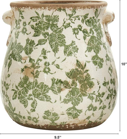 Nearly Natural 10in Ceramic Decorative Vase, Tuscan Style Green Scroll Design for Indoor Home Shelf Table Decor