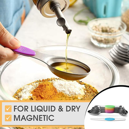 Spring Chef Stainless Steel Magnetic Measuring Spoons Set of 8 with Leveler, Nesting Metal Teaspoon & Tablespoon Measuring Spoons, Kitchen Gadgets for Baking & Cooking, Fits in Most Spice Jars - Neon