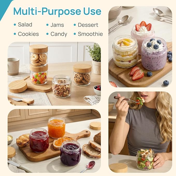 Vtopmart 6 Pack 10oz Glass Overnight Oats Containers with Bamboo Lids, Portable Wide Mouth Glass Jars Leak Proof, Reusable Food Storage Containers for Meal Prep, Jam, Sauce, Salad Dressing, and Snacks