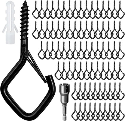80 Pcs Outdoor Hooks for String Lights,Screw Hooks for Hanging Plants,Ceiling Hooks with Safety Buckle,Square Hanger for Wind Chimes,Bird Feeder,Lanterns,Christmas Decorations Black