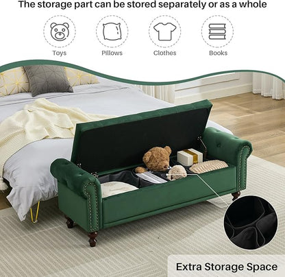 58.1" Storage Bench Upholstered Velvet End of Bedroom Bed Bench Ottoman with Tufted Cushioned Rolled Arm Large Storage Space for Reading Living Room Entryway,Dark Green