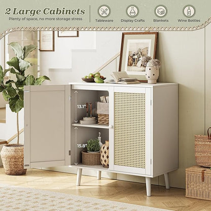 Huuger Buffet Cabinet with Storage, Storage Cabinet with PE Rattan Decor Doors, Solid Wood Feet, for Hallway, Entry, Living Room, White