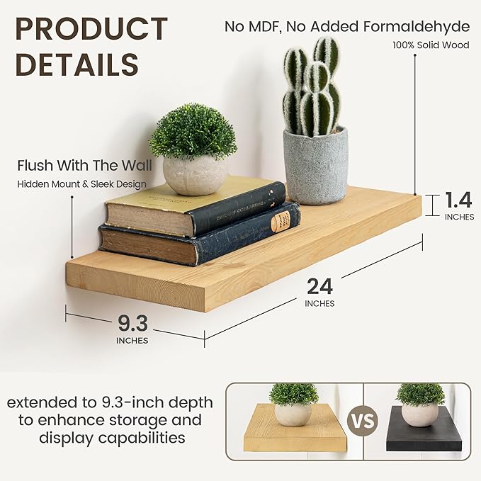 Marsmiles Floating Shelves | 24 Inch Natural Wood Wall Shelves Set of 2 | 9.3 Inch Deep Rustic Reclaimed Wood Shelves for Room Wall | Farmhouse Floating Shelves for Living Room Bathroom
