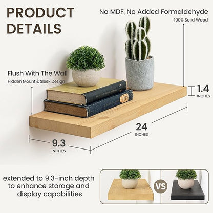 Marsmiles Floating Shelves | 24 Inch Natural Wood Wall Shelves Set of 2 | 9.3 Inch Deep Rustic Reclaimed Wood Shelves for Room Wall | Farmhouse Floating Shelves for Living Room Bathroom
