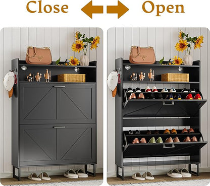 Shoe Cabinet with 2 Flip Drawers, 45" Freestanding Narrow Wood Shoe Storage Cabinet with Metal Legs and Hooks, Slim Shoe Rack Organizer for Entryway, Hallway, Black